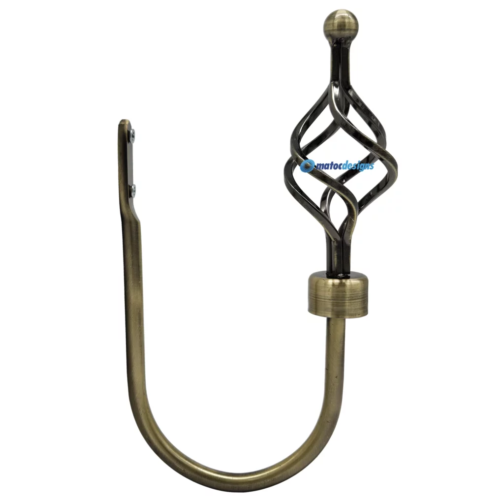 Steel Tieback Arm with 25mm Basket Finial - Antique Brass