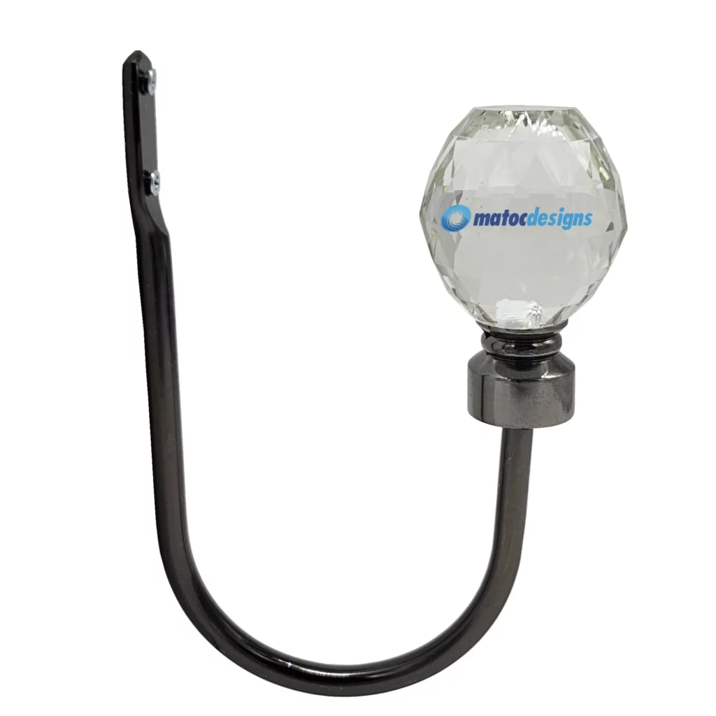Steel Tieback Arm with 25mm Crystal Globe Finial - Black Nickel